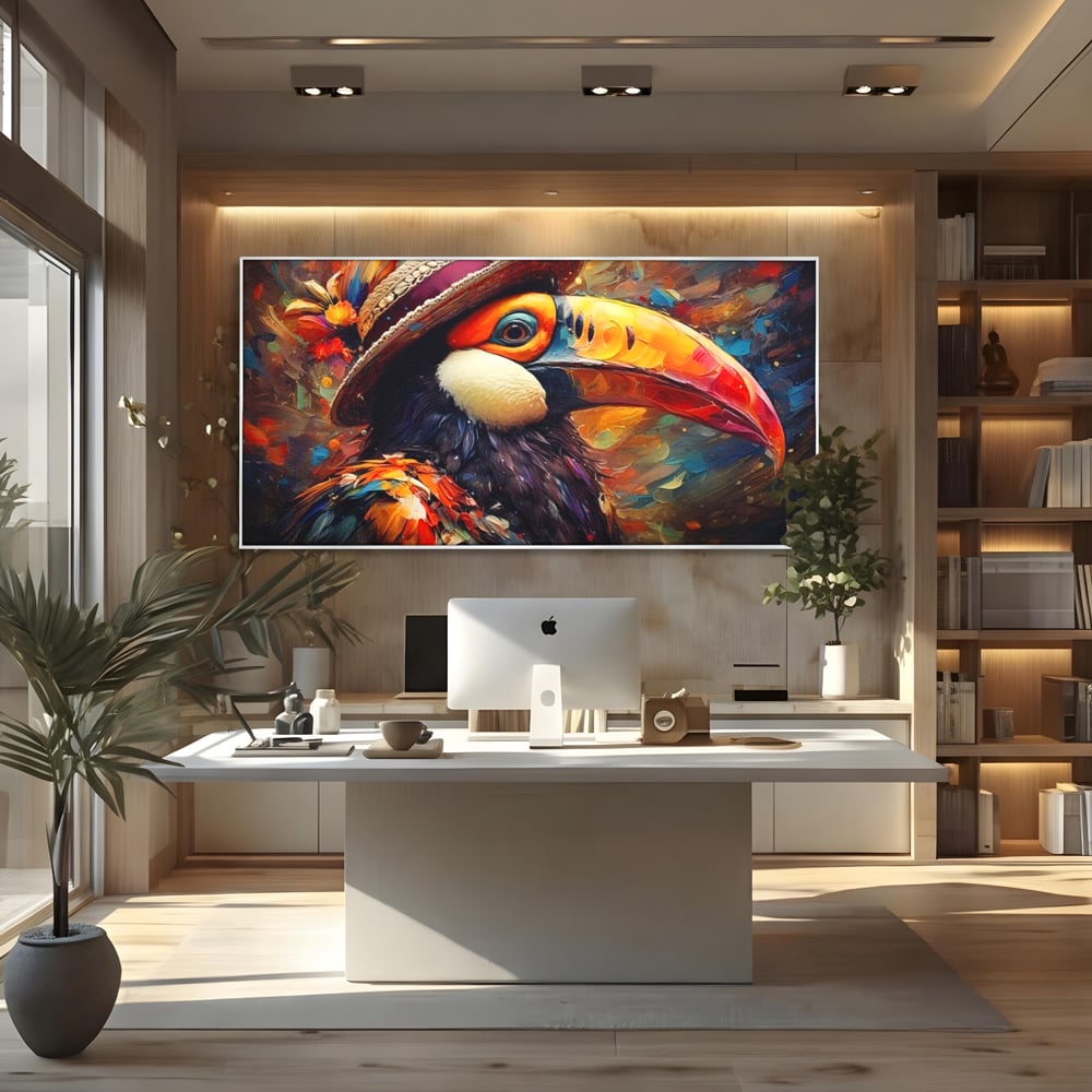 Tablou canvas cu tablou cu portret de tucan cu palarie, in rama de aluminiu argintiu, pe perete intr-un birou